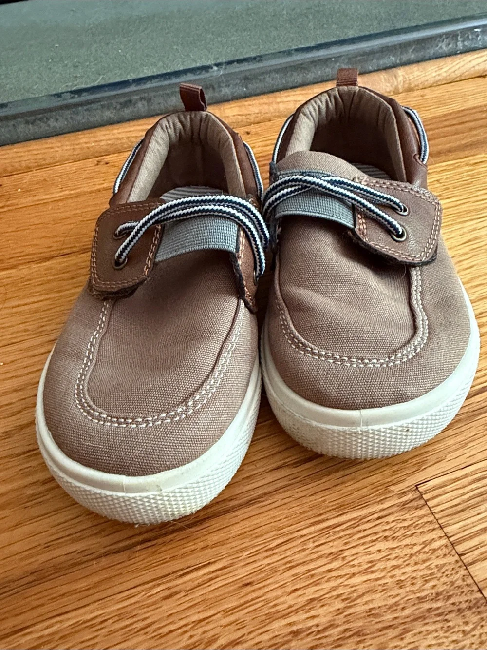 Kids Brown Canvas Slip-On Sneakers with Blue Accents